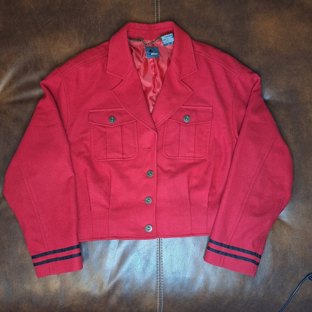 Vintage Lizwear Red Virgin Wool Cropped Military Jacket Women Medium Band Blazer